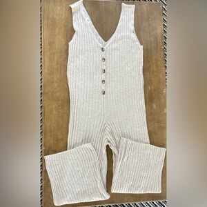 Mango Women’s Casual Ribbed Knit Jumpsuit Romper in Light Beige